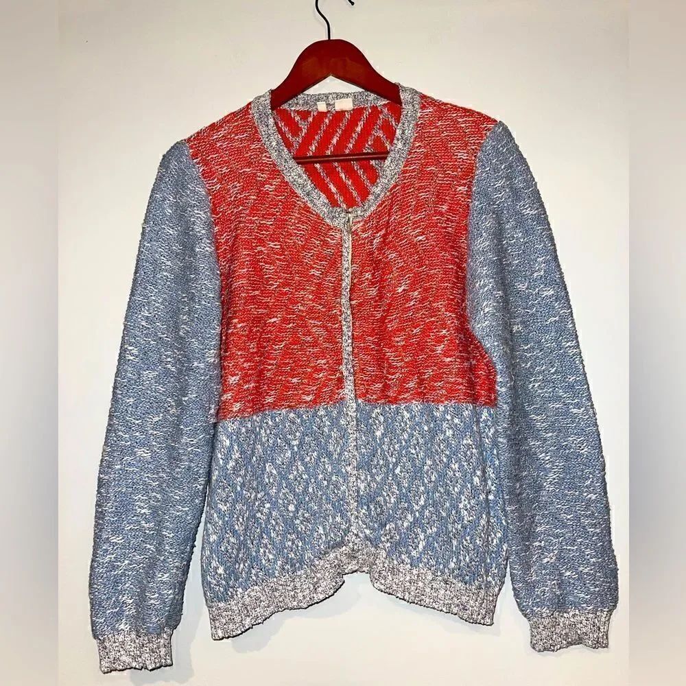 Anthropologie Moth Red Gray Marled Zip sweater Size XL